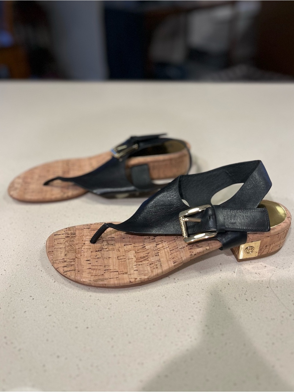 Michael Kors Black Leather Cork Thong Sandals with Gold Accent Size 10